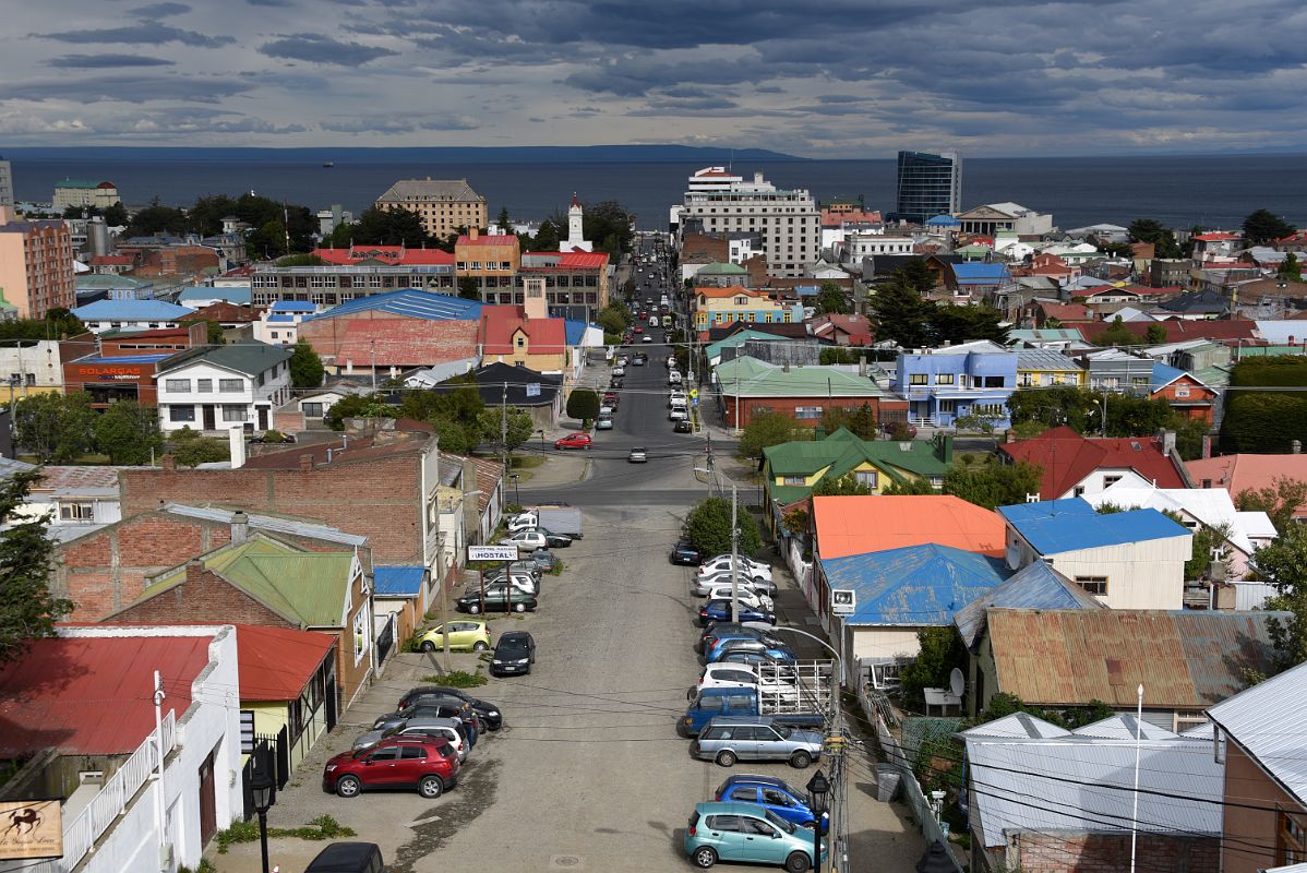 01B Punta Arenas Chile Downtown With Strait of Magellan, White Cathedral and Modern Hotel Dreams del Estrecho From Mirador La Cruz Viewpoint